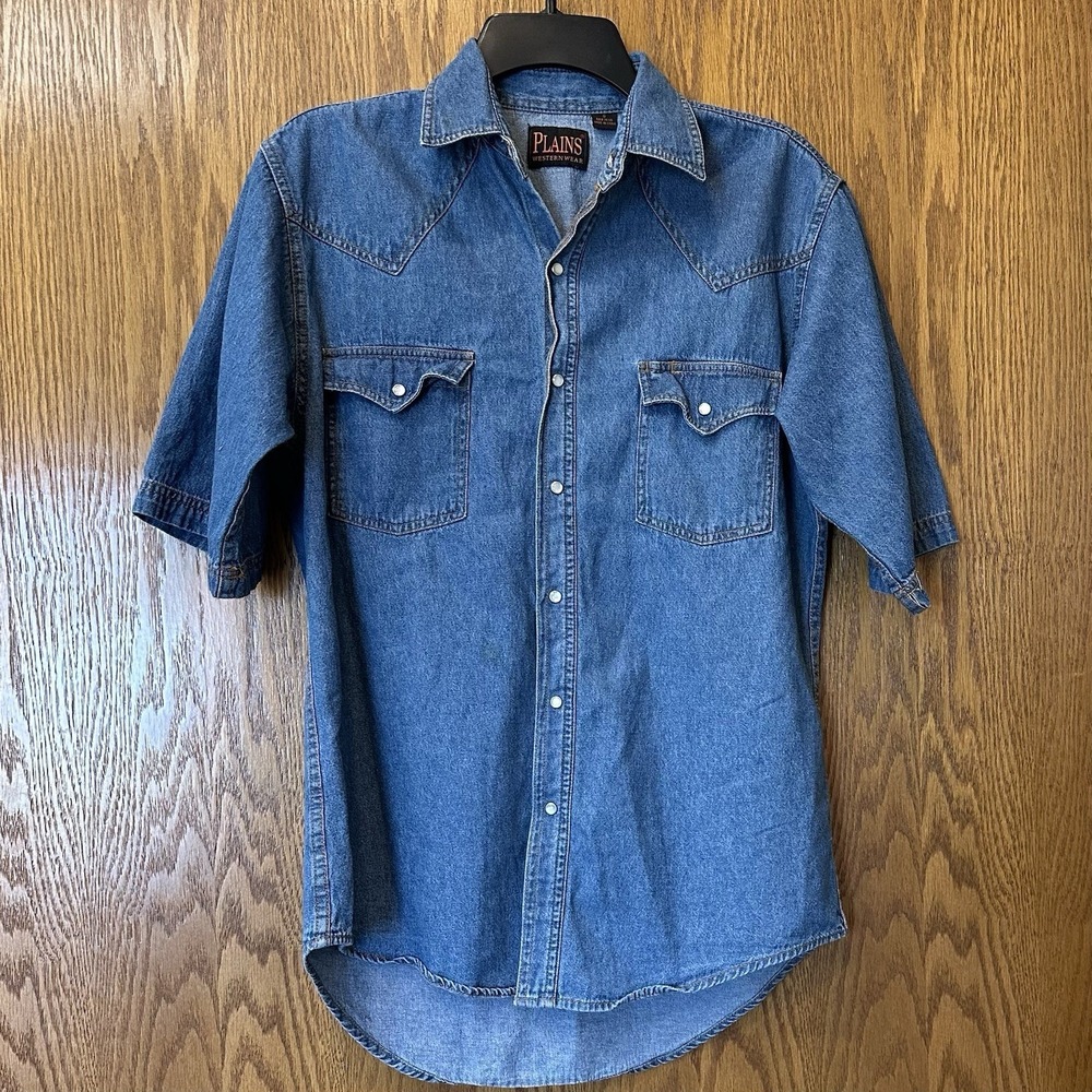 VTG Plains Western Wear Denim Pearl Snap Short Sleeve Mens Small Cowboy Blue